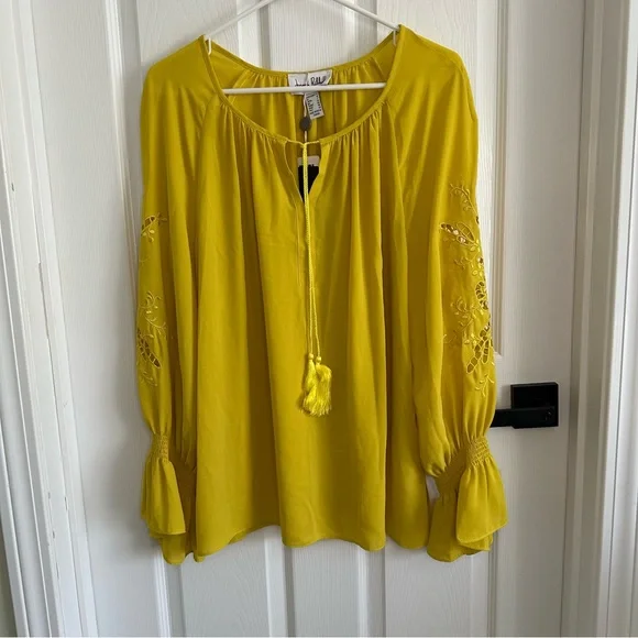 Joseph Ribkoff Flowy Yellow Blouse with Embroidered Sleeves - Picture 1 of 7